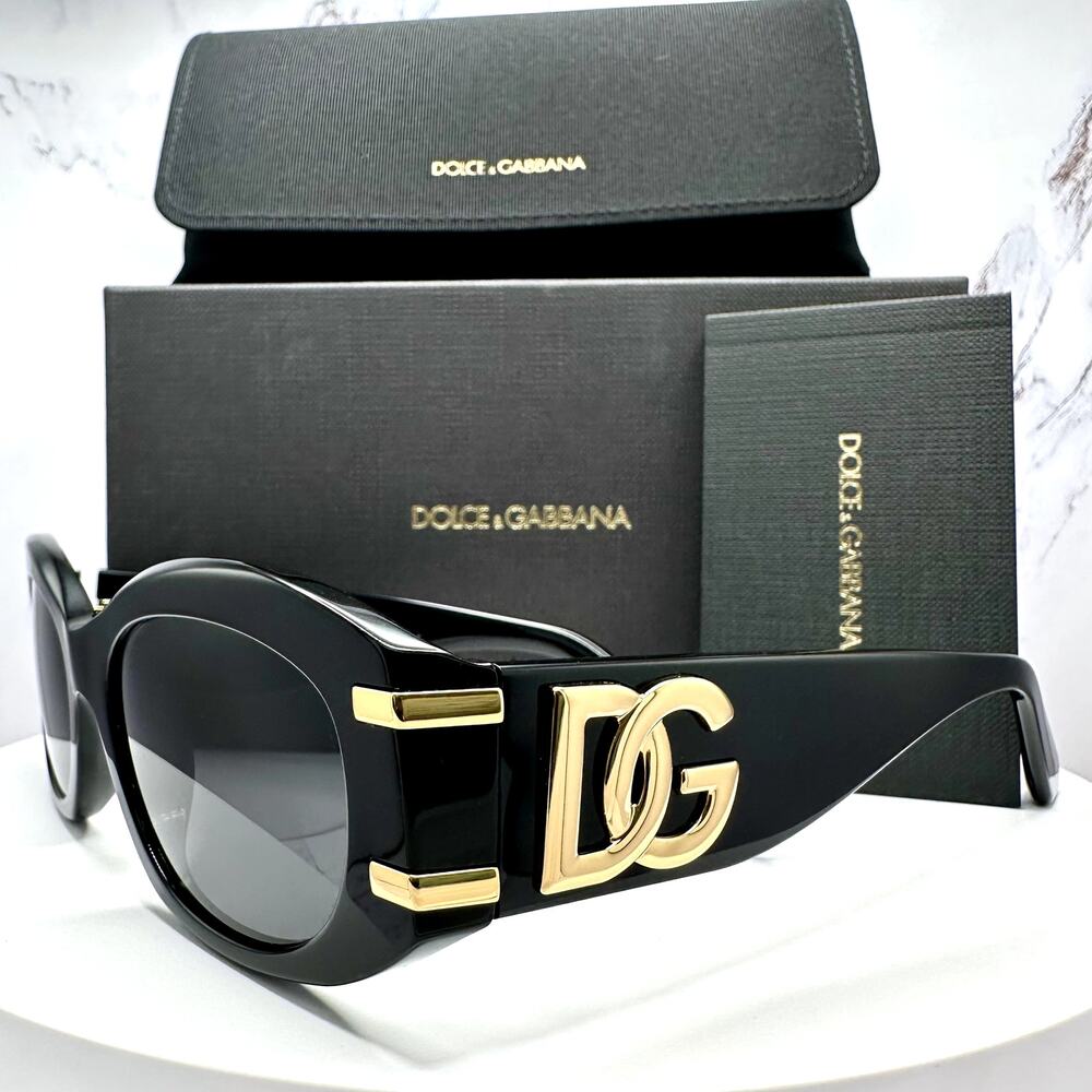 New Dolce & Gabbana Sunglasses Black Oval Acetate Gold Metal DG Gray Lens - Picture 13 of 16